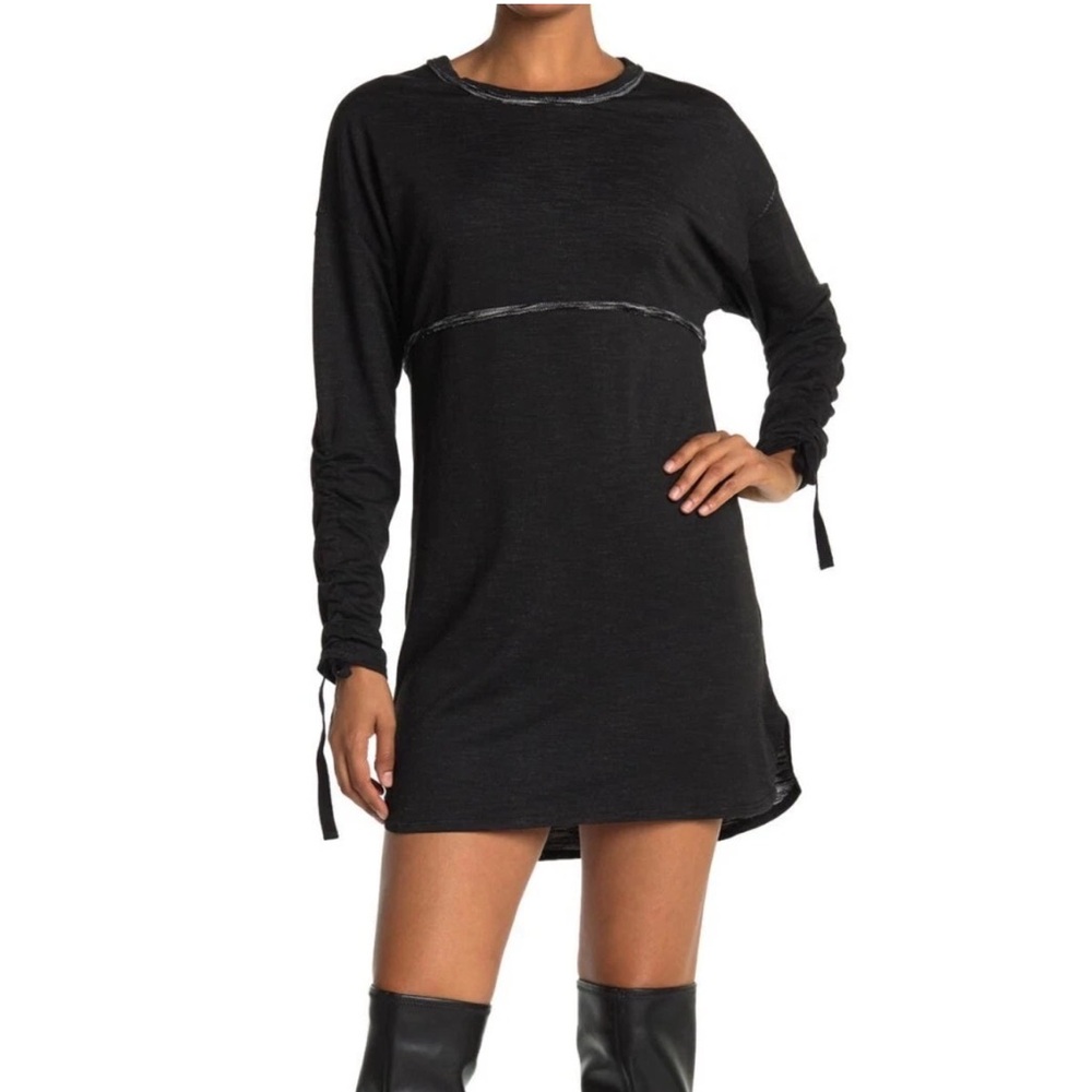 MAX STUDIO Black French Terry Scrunched Tie Long Sleeve Dress XS A909R53 NWT